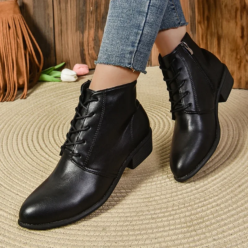 Lucyever Spitz Starke Heels Stiefeletten Frauen Schwarz Lace Up Kurze Booties Mujer Casual Plus Größe Pu Leder Stiefel Frau 43