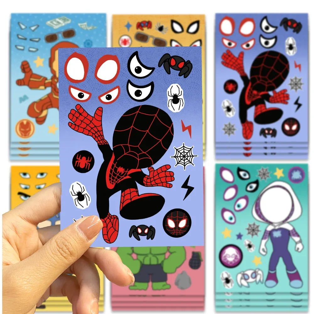 8 Sheets Disney Marvel Spiderman Iron Man Stickers Make a Face Game Sticker Kids Girl DIY Notebook Children Assemble Jigsaw Toys