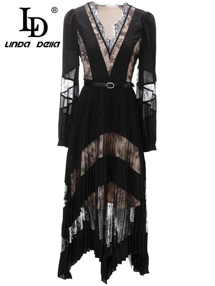 LD LINDA DELLA Fashion Designer party Dress Women Black Lace Embossed hollow Slim Fit Splice Crimp Flesh colored lining Dress