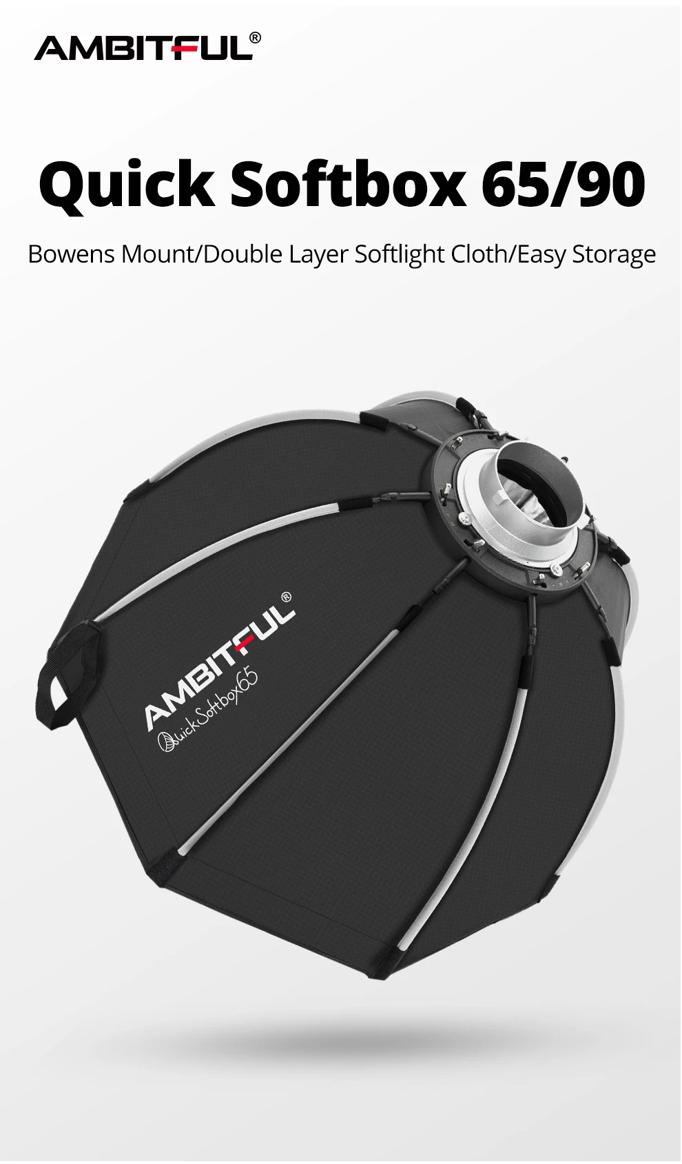 AMBITFUL QS 65 cm 90 cm Bowens-Halterung, Schnellmontage-Softbox mit Gitter für Kamerablitz, Speedlite-LED-Licht, weiche Lichtbox, matte Box – Detail 1