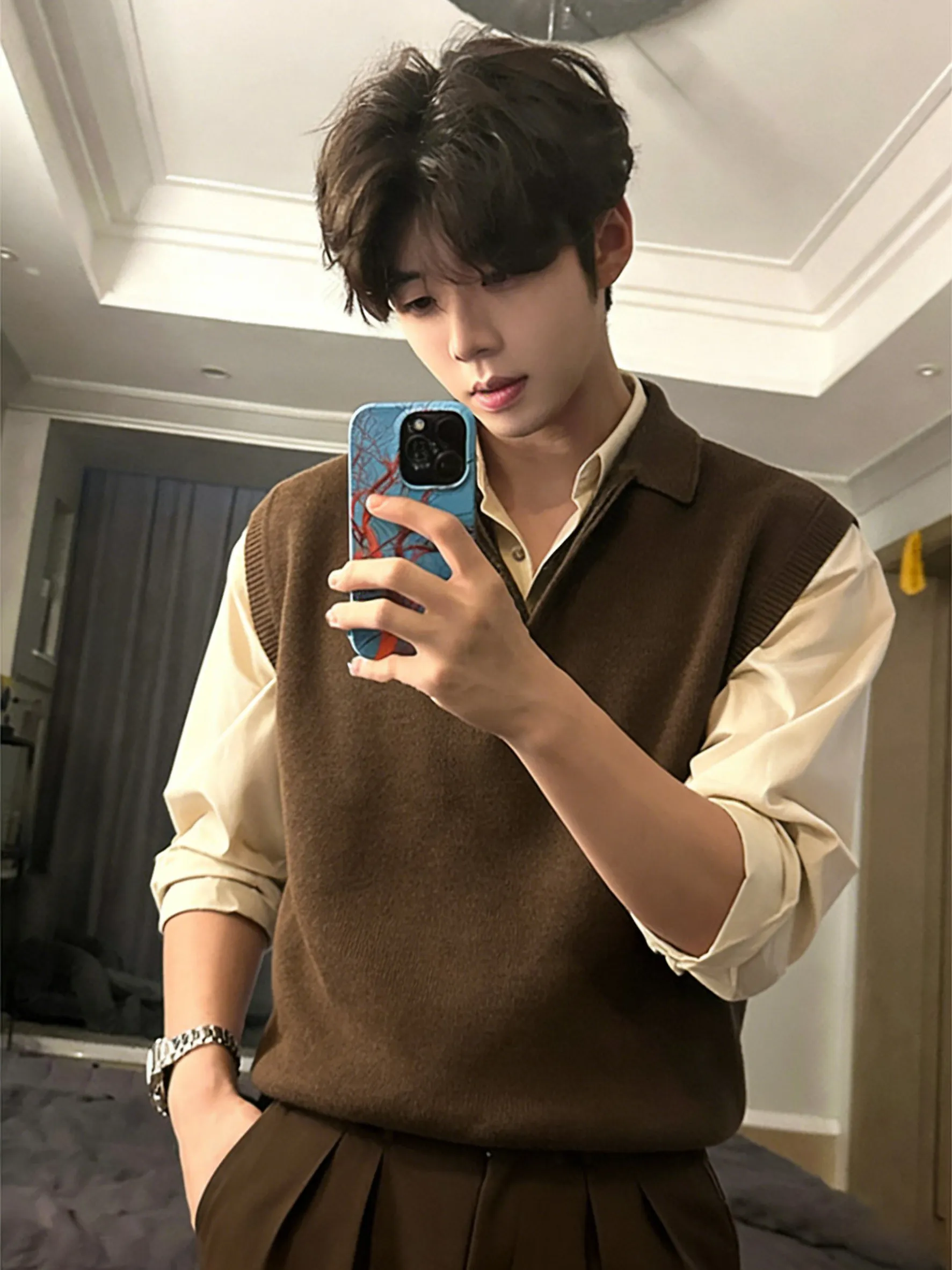 

Мужской вязаный жилет с коричневым воротником, весенне-осенний, базовый слой, повседневный, стандартной длины, надеваемый через голову