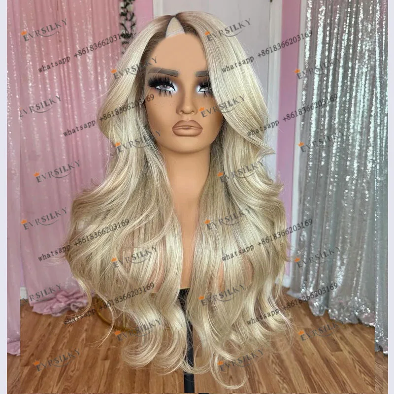 Ombre Platinum Blonde Human Hair U Part Wigs for Black Women Glueless Body Wave Long 1x4 Size V Part Wigs Adjustable Straps