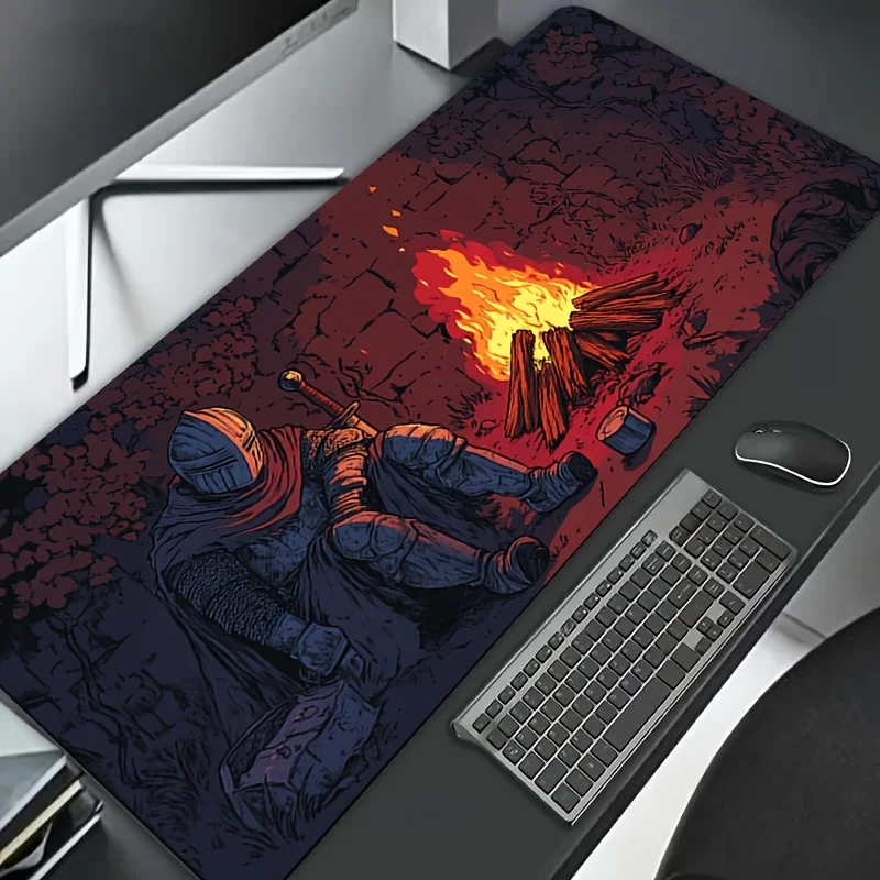 Hand-Painted Knight Campfire Mouse Pad, Polyester Diatomite Material - Ideal for Gaming, Office, and Home Use - Artistic Design Gift, Desk Mat