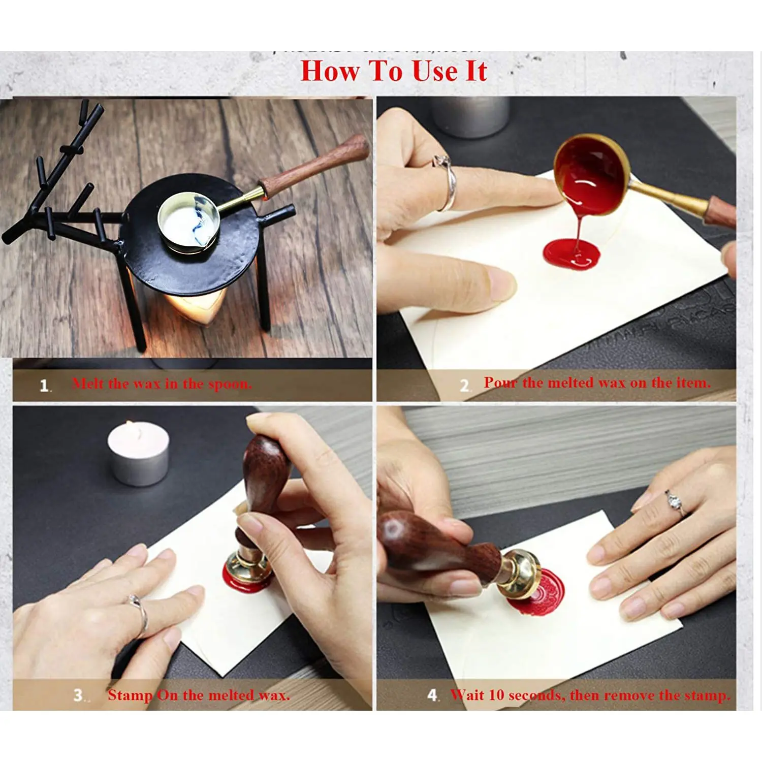 J1UL1N Sealing Wax Warmer Wax Seal Kit Wood Handle Melting Spoon Sealing Wax Tool For Xmas Package Sealing Seal Stamp Kit