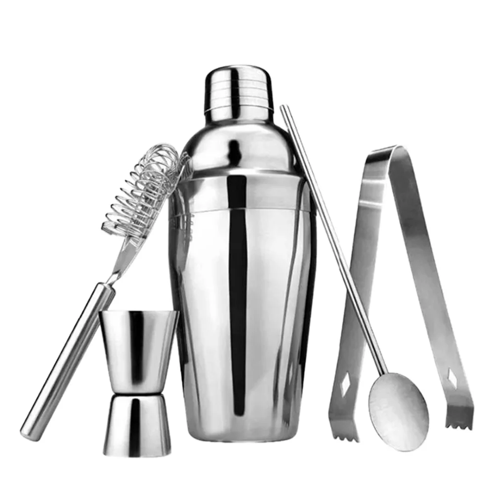 

5 pcs Cocktail Bartending Props Stainless Measuring Jigger Professional Strainer Drink Mixer Supplies Silver Shaker Bar Tools