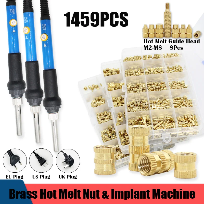 

Total 1459p Brass Insert Nut Soldering Iron M2-M5 Hot Melt Knurled Thread Injection Insertion Tool Plastic 3D Printer Nut Insert