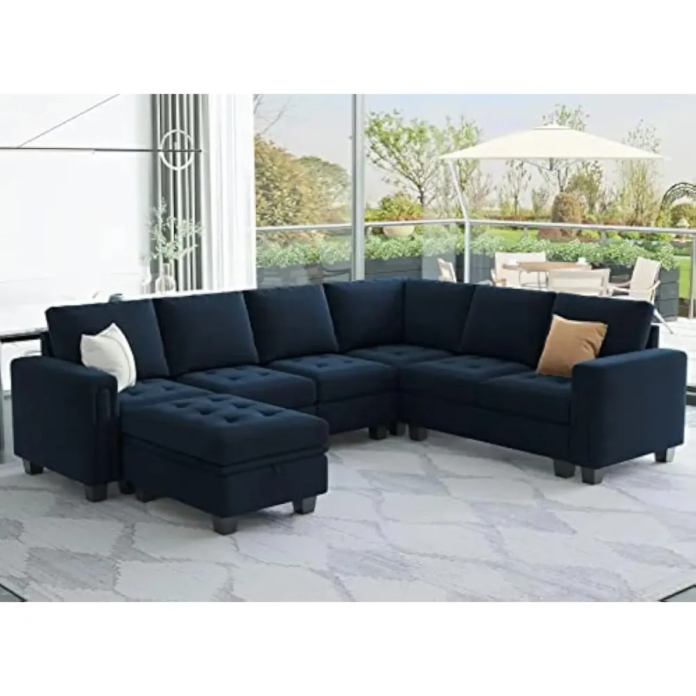 Velvet Modular Sectional Sofa with Storage Ottoman 6 Seater L Shaped Sectional Modular Sofa Couch with Sectional Couch,Blue