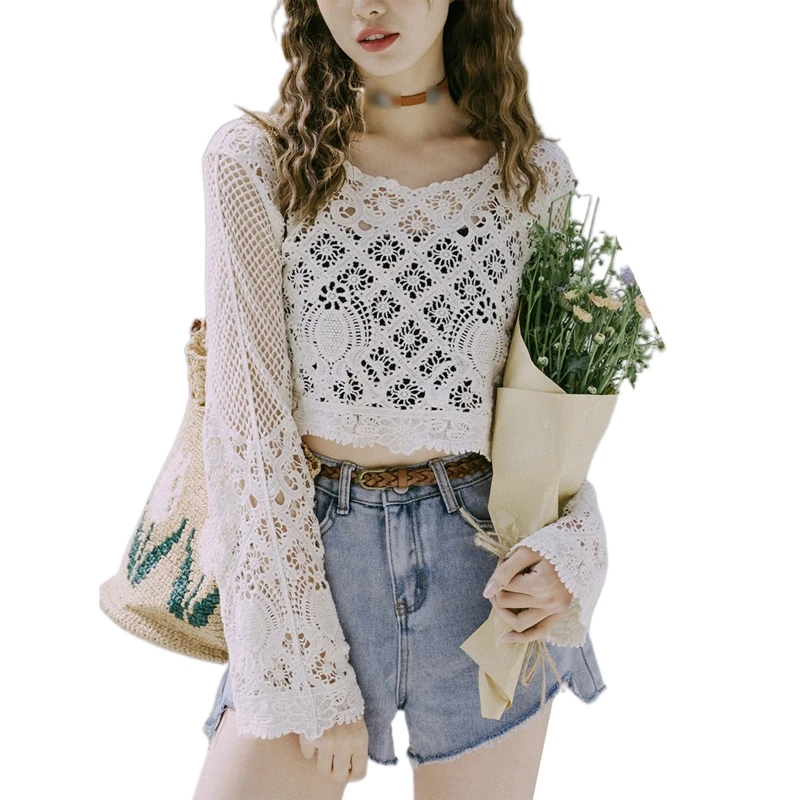 

Women Hollow Crochet Cover Up Shirt Knit Plaid Floral Long Sleeve Crop Top Boho Casual Loose See Through Beachwear N7YF