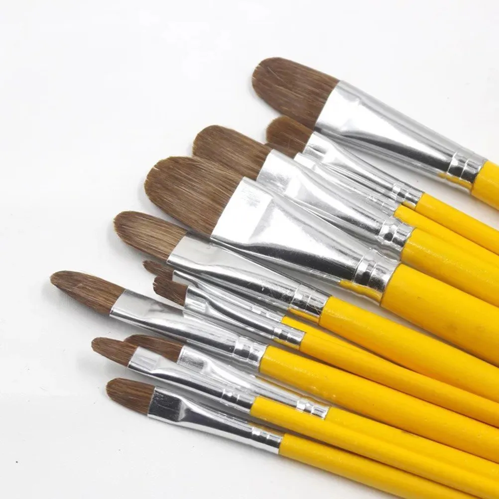 1 Set 12pcs Wooden Painting Brush Set Acrylic Painting Hair Oil Painting Brush Set for Painting (Yellow)