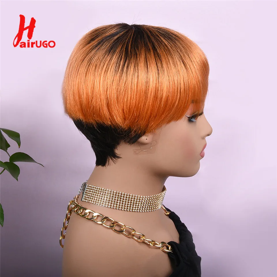 Ombre Orange Pixie Cut Wigs T1B/ORANGE Straight Human Hair Pixie Cut Wigs 180% Orange Full Machine Human Hair Wigs Hairugo