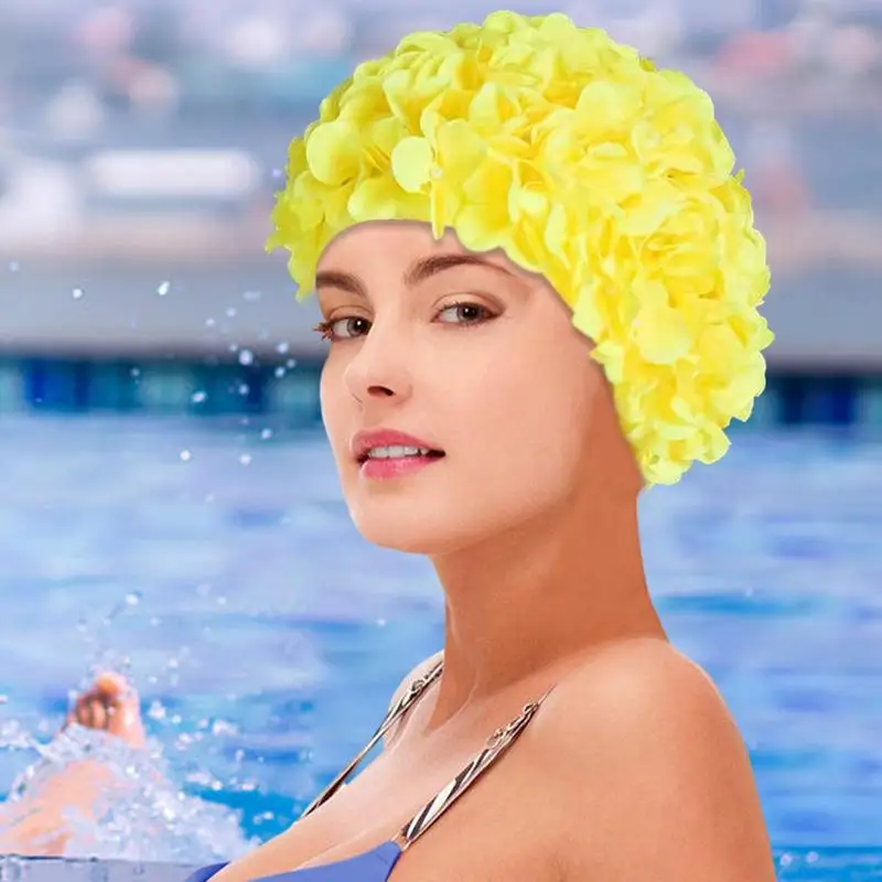 Gorro de baño con flores 3D para mujer, gorro de baño transpirable hecho a mano, capucha de buceo de pelo largo suave, protección para los oídos, accesorios para piscina