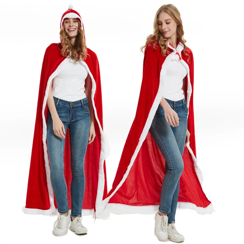 Extended Super Long Christmas Xmas Hooded Cloak Shawl Santa Claus Cosplay Costume Cape Winter Warm Coat Carnival Party Outfit