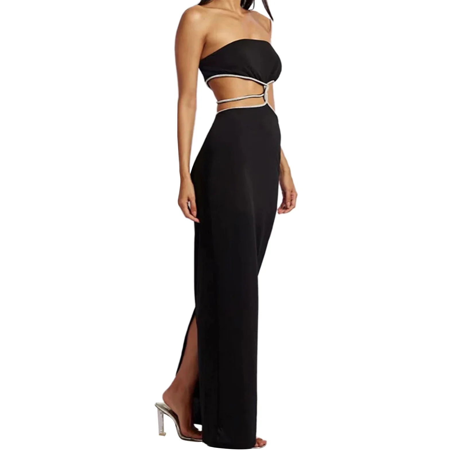 

Women s Tube Hollow Out Maxi Dress Backless Sleeveless Split Wrap Hip Slim-Fit Dress Cutout Bodycon Long Dress