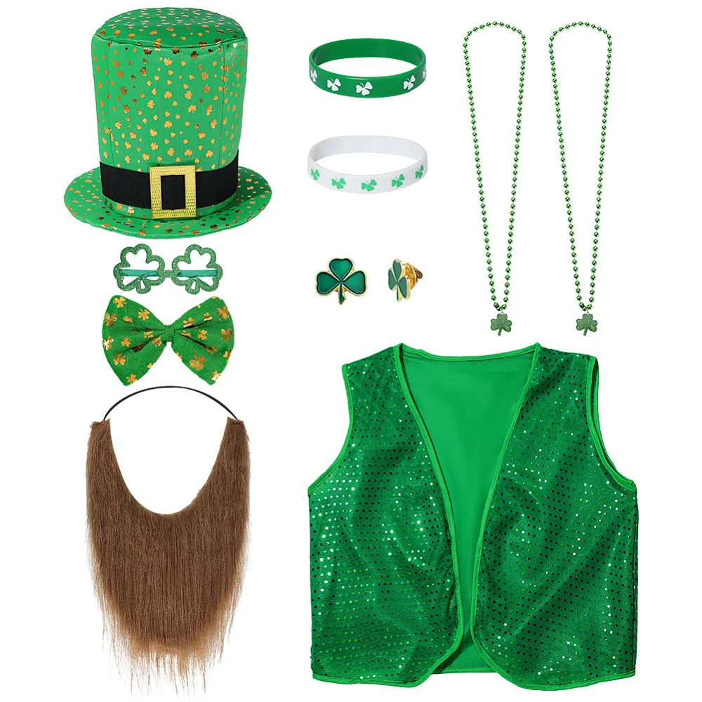 13pcs St. Patrick's Day Costume Suit Set Includes Hat Vest Tie Mustaches Bracelet Necklace Pins Charms Leprechaun Accessories