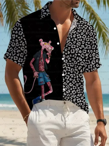 Imagen 1 del producto Blusas hawaianas de manga corta con estampado de Pantera Rosa para hombre y mujer, camisas de playa con solapa, camisa informal con botones, ropa para hombre