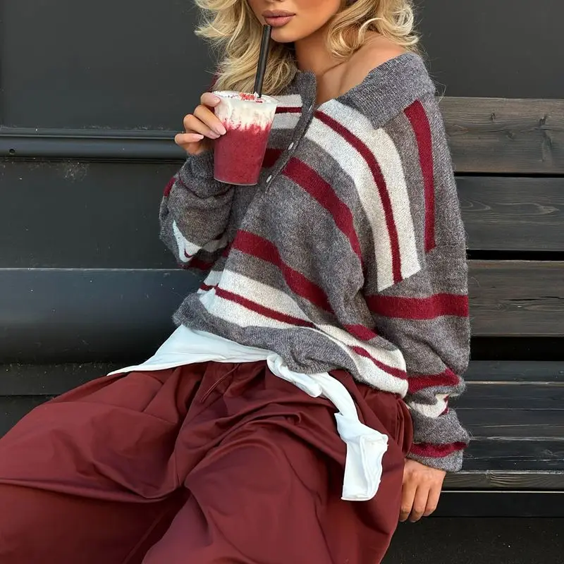 Combhasaki المرأة Y2k خمر فضفاض محبوك سويتر مقلم كم طويل رفض الياقة زر حتى تريكو Preppy البلوز القمم