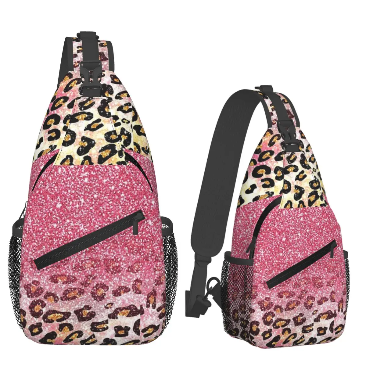 

Bubble Gum Pink Faux Glitter Leopard Animal Print Chest Bag Men Sling Crossbody Backpack Chest Bag Hiking Daypack Shoulder Bag