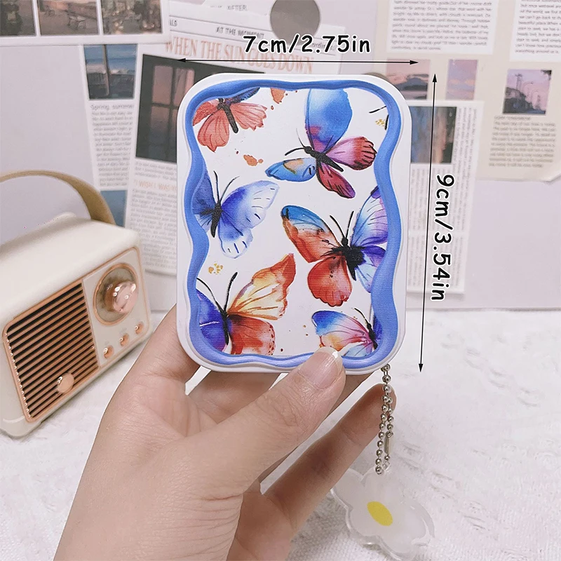 Red And Blue Butterfly Flip-Top Folding Makeup Mirror Portable Pocket Mirror Rectangle Cosmetic Mirror With Comb For Women