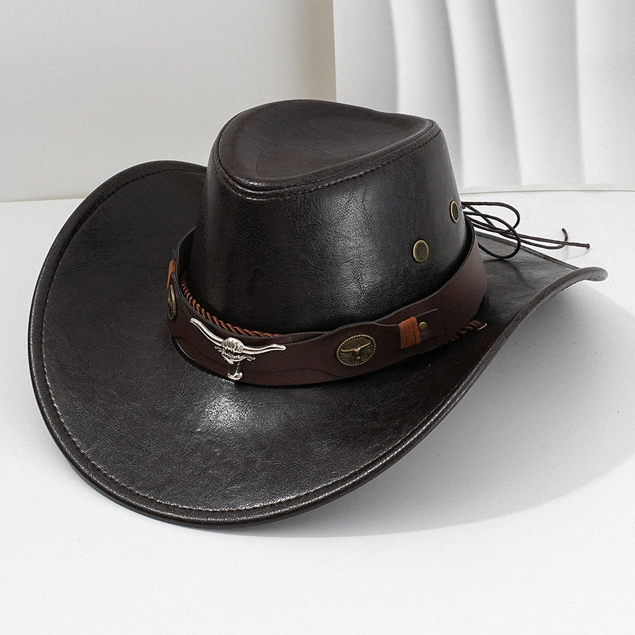 Chapéu de cowboy ocidental de couro sintético vintage unissex ao ar livre cavalheiro cowgirl jazz boné sombrero hombre