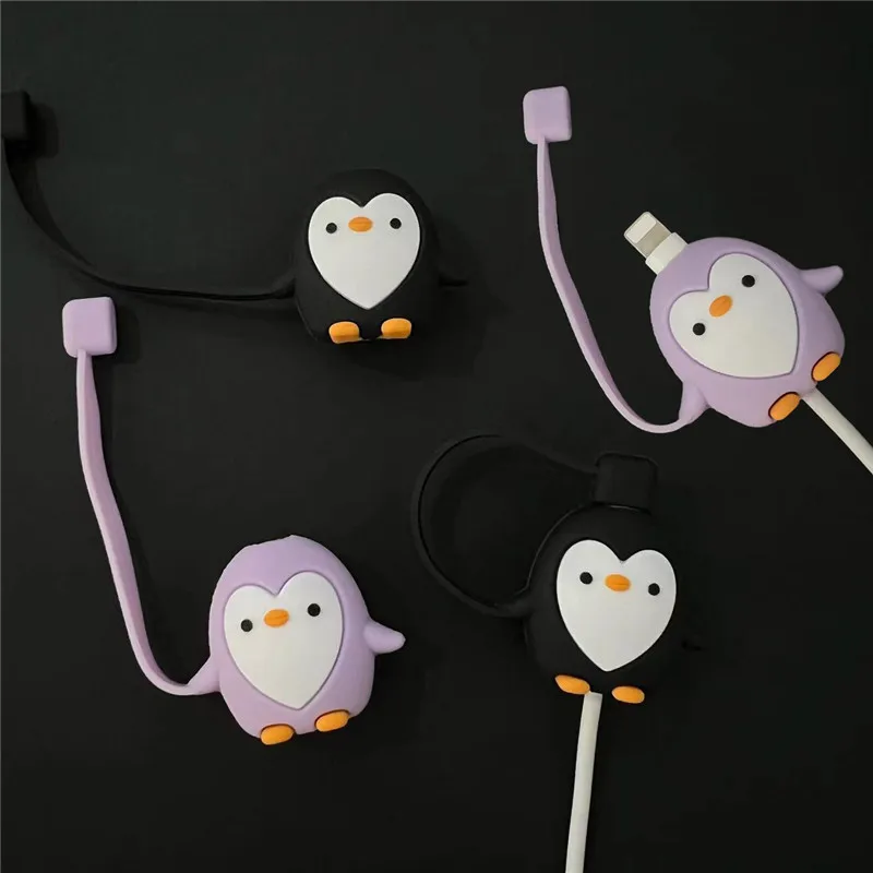 Penguin Cartoon Dust Cap Cable Protector Cute Charger Protector Cable Organizer For iPhone Data Line Cord Protective Cover