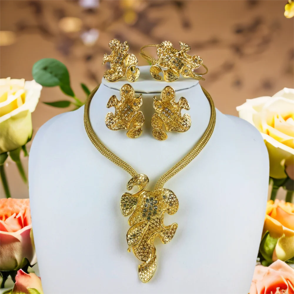 ESALE Dubai 18K Gold Plated Jewelry Set For Women Classic Design Plant Leaf Necklace Earrings Bracelet And Ring 4PCS Set