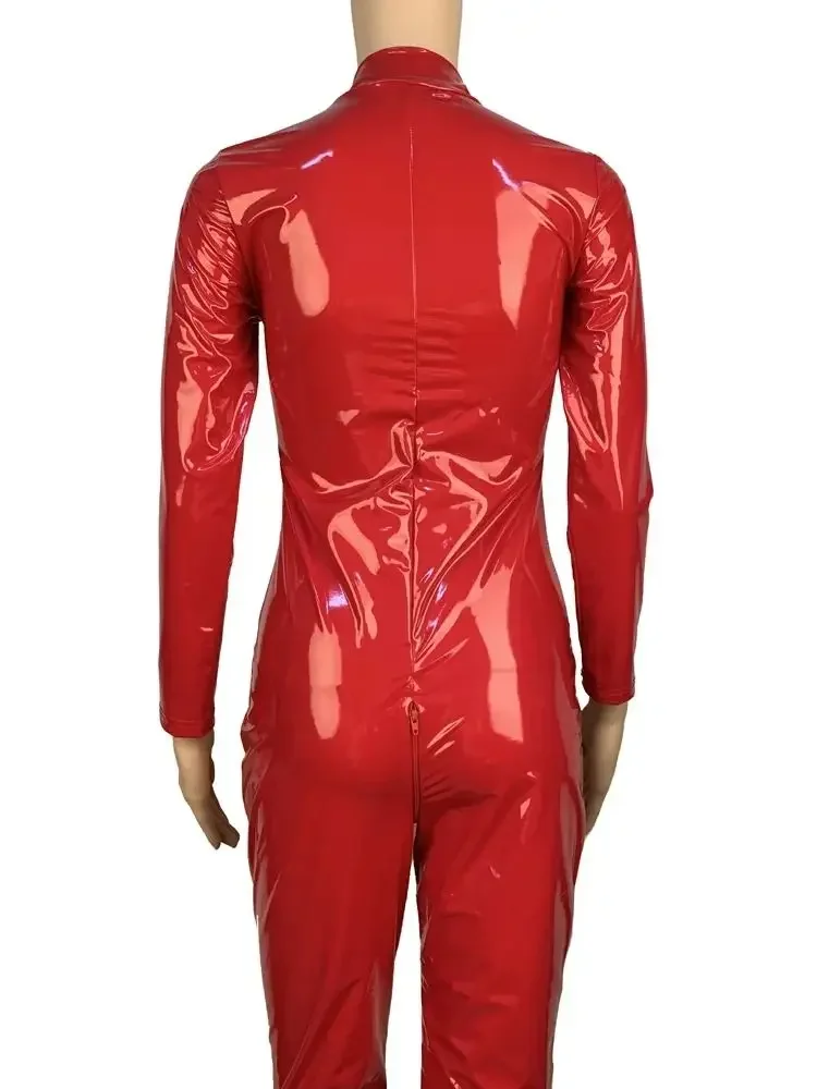 S-5XL Unisex Wet Look PVC Catsuit Long Sleeve Shiny PU Leather Open Crotch Bodysuit Tigths Leotard Conjoined Jumpsuit Sexy Body