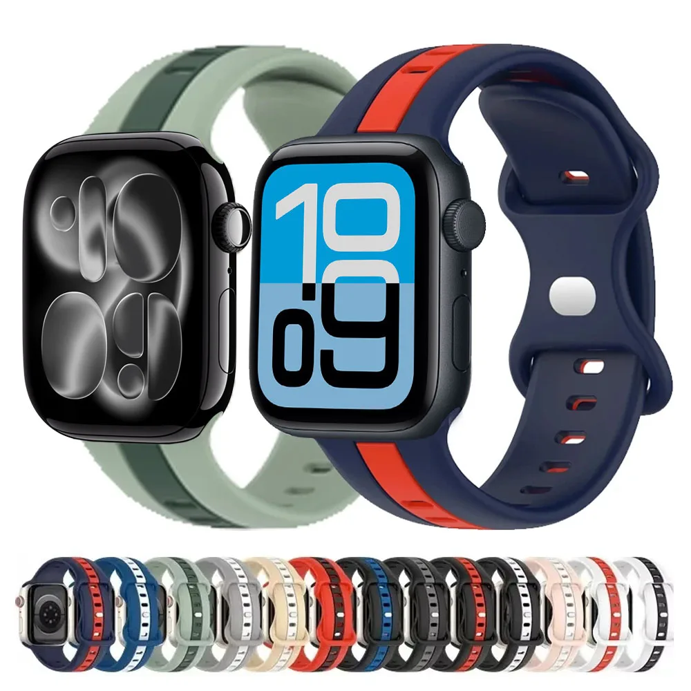 Two-color Silicone Strap For Apple Watch Ultra 3/2 49mm 45mm 41mm 44mm 42mm 46mm Soft Wristband iWatch 11 10 9 8 7 6 5 SE Correa