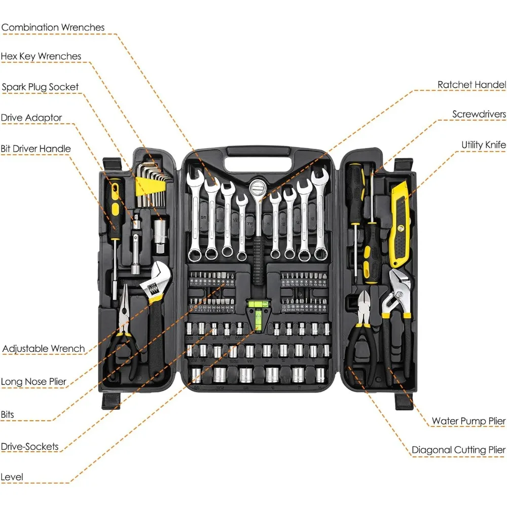 Set peralatan 95 buah, Kit alat, Set alat mekanik, kotak peralatan portabel dengan kunci pas yang dapat disesuaikan, mata soket Tang