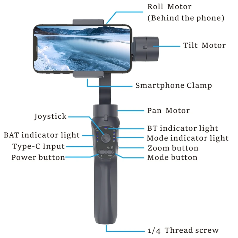 3 Axis Gimbal Stabilizer For Smart Phones, APP Supported Face Tracking, Wheel Zooming, Auto Shot Panoramic Photos