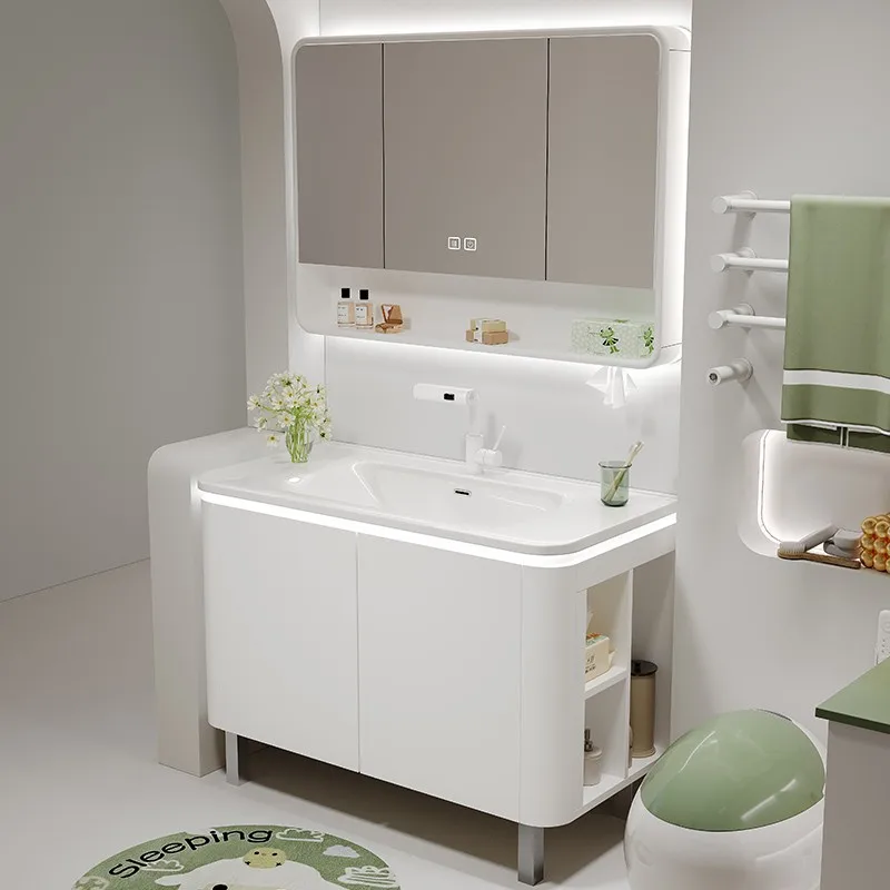 

Modern White Bathroom Vanity Cabinets Side Storage Floor Bathroom Cabinet Sink Smart Ceramic Integrated Basin Bathroom Furniture