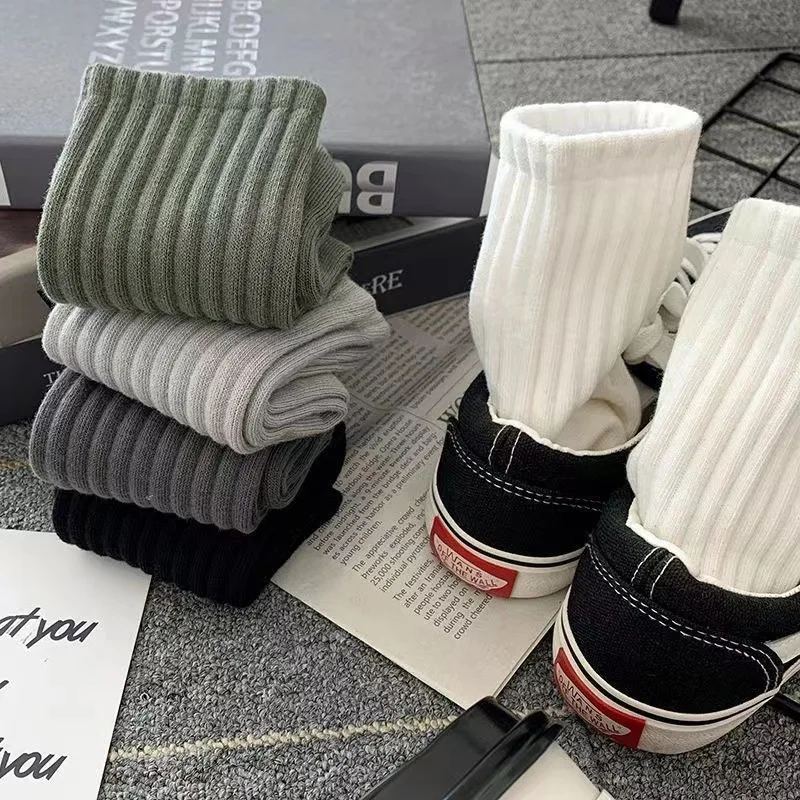 Solid Color Ribbed Crew Socks Multi‑Color Simple Vertical Striped Knit Mid‑Calf Socks Soft Breathable Daily Sports Casual Socks