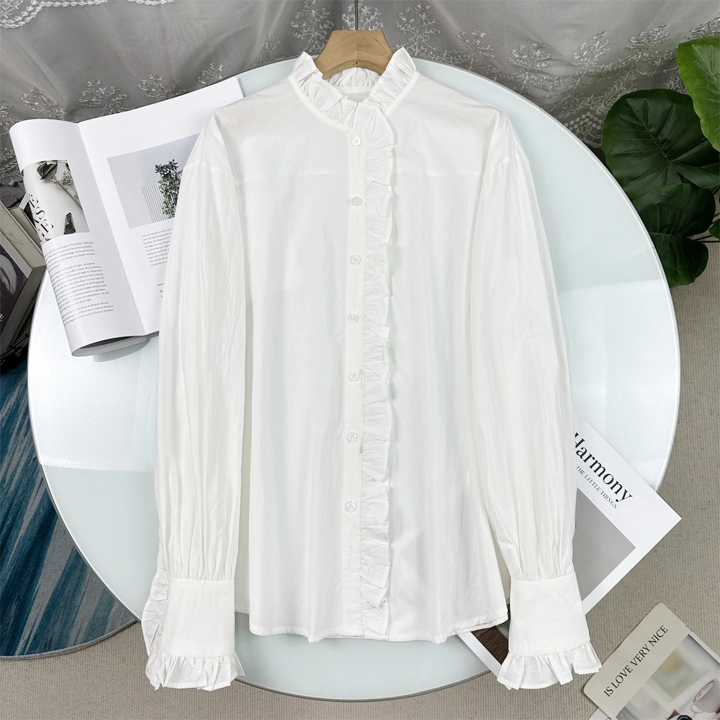 

Romantic Wooden Collar Loose Women's Cotton Shirt Versatile Spring Fashion French Style Breathable Long Sleeve Top