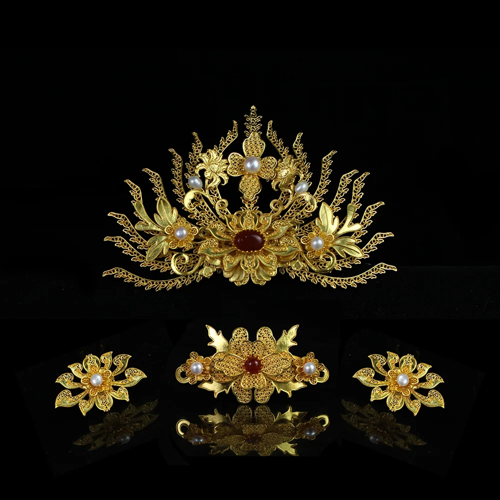 

Phoenix Coronet Vintage Hanfu Accessory Headpiece Sticks Combs Gold Plated Precious Jewelries for Chinese Drama HZXZ