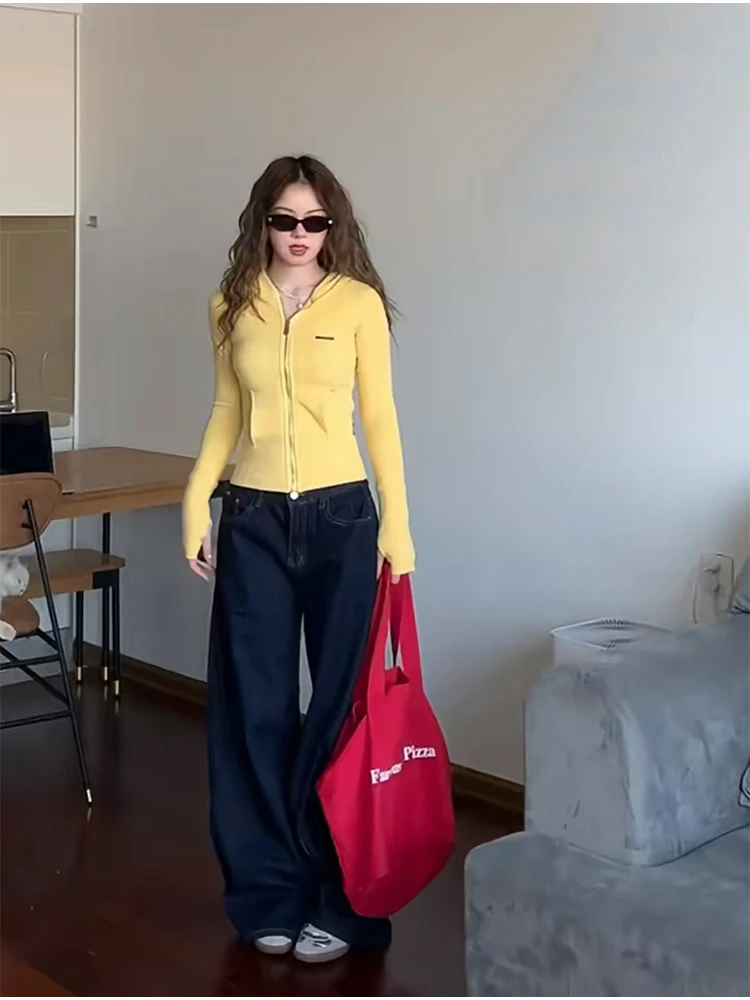 High Waist Wide Leg Blue Jeans Women's Autumn Winter Loose Slimming Floor Length Straight Cut Denim Pants Retro Sle