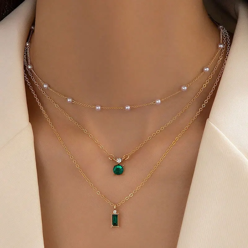 Tocona Charming Green Crystal Stone Multi layered Necklace for Women\'s Minimalist Geometric Pearl Chain Triple Clavicle Chain