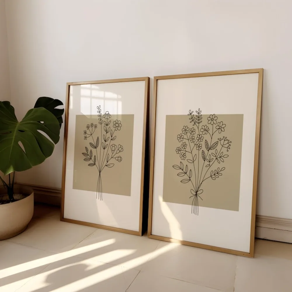 2PCS Large-sized frameless canvas paintings,2 Frameless Plant Line Art Prints, Minimum Flower Wall Art, Neutral Beige Flower Ill