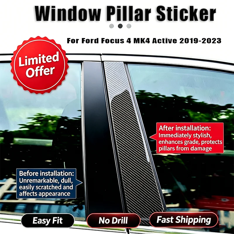 For Ford Focus 4 MK4 Active 2019-2023 Car Door Window B C Pillar Glossy Black Carbon Fiber Cover Sticker Decorative Protector Ex