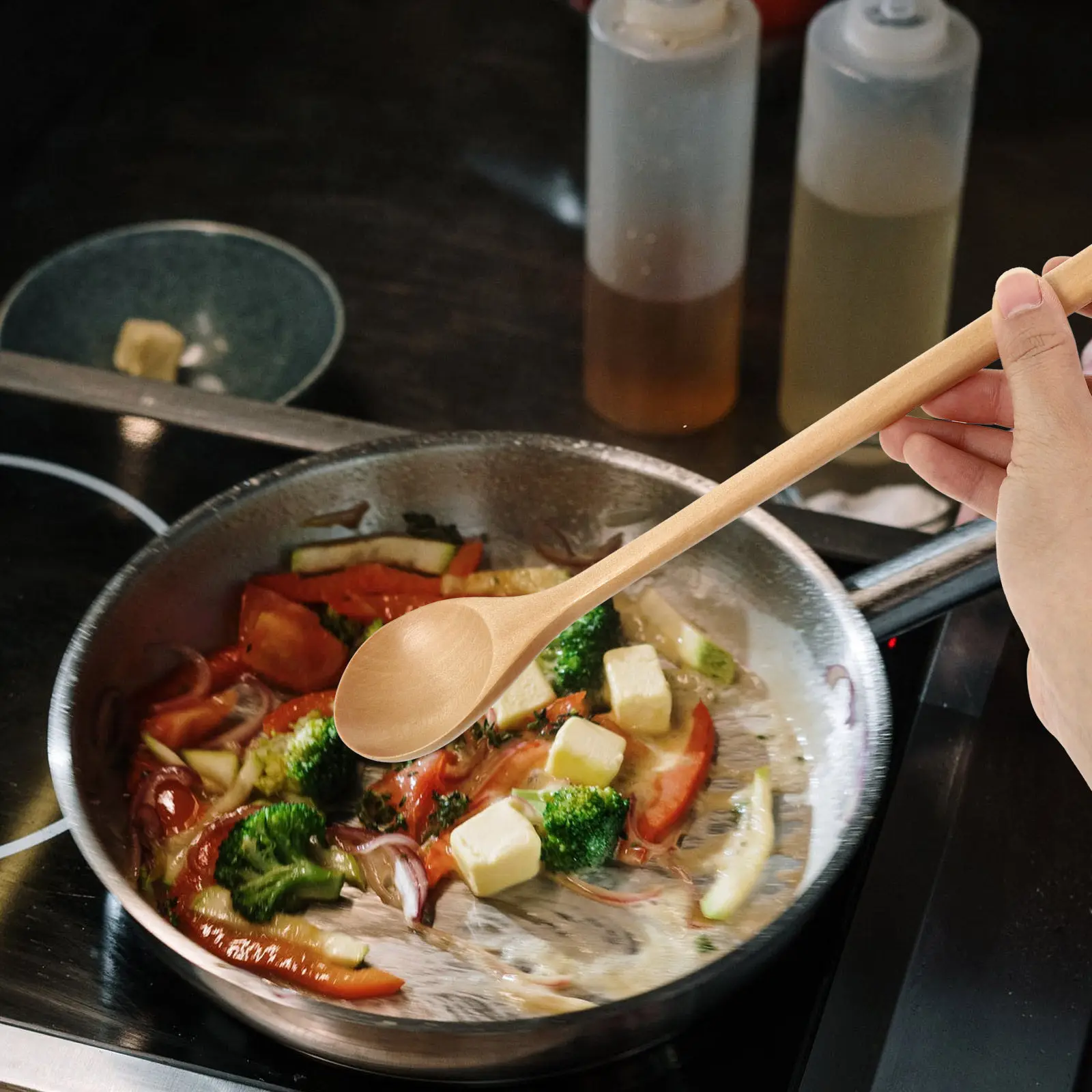 1 cuchara de madera para comer, textura de madera premium, acabado brillante, fácil de limpiar, no mancha, forma redonda, ahorra espacio, para sopa y arroz