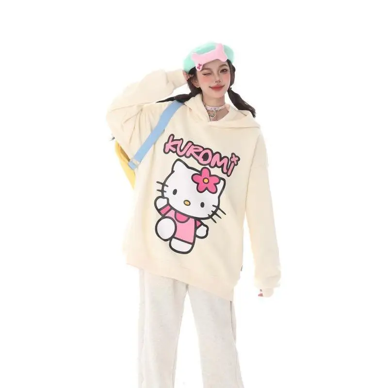 Original Hellokitty Hooded Sweater Anime Printing Female Autumn Winter Plush Sweet Cool Style Student Fashion Sweatshirt Tops