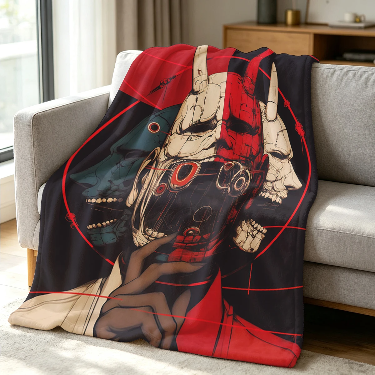 Demon Mask Flannel Blanket Warm Soft Halloween Christmas Couch Warm Cozy Decorative Decor Gift for All Season