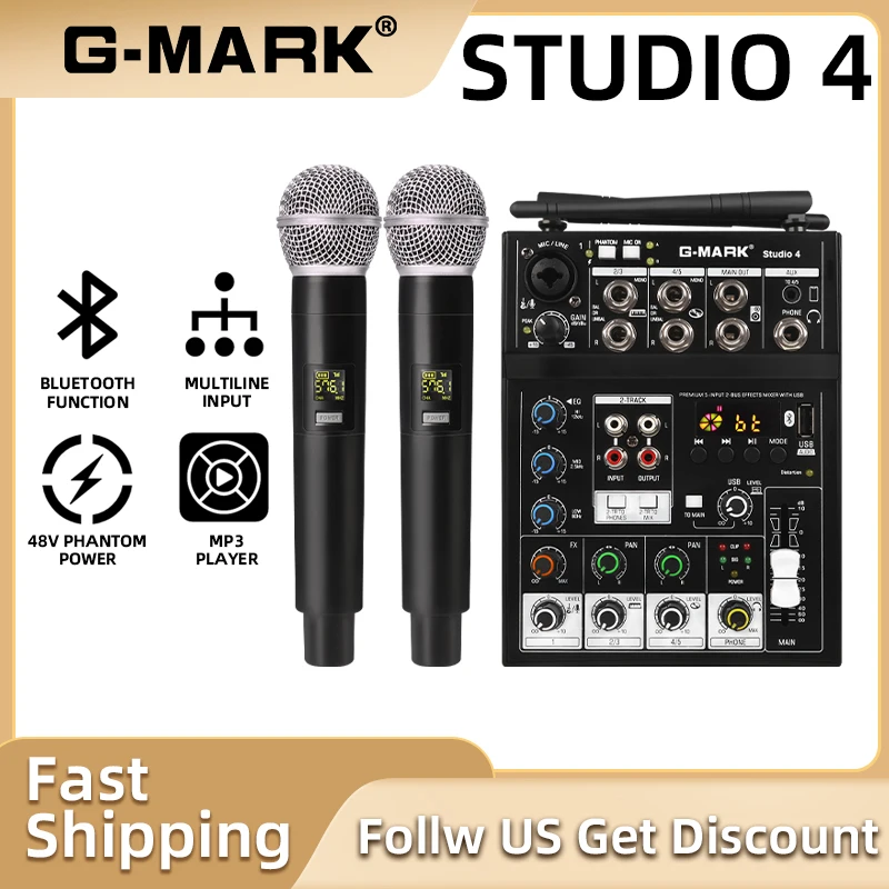 Wireless Microphone With Audio Mixer G-MARK Studio 4 Bluetooth DJ Console For Karaoke TV Computer Live Party Show