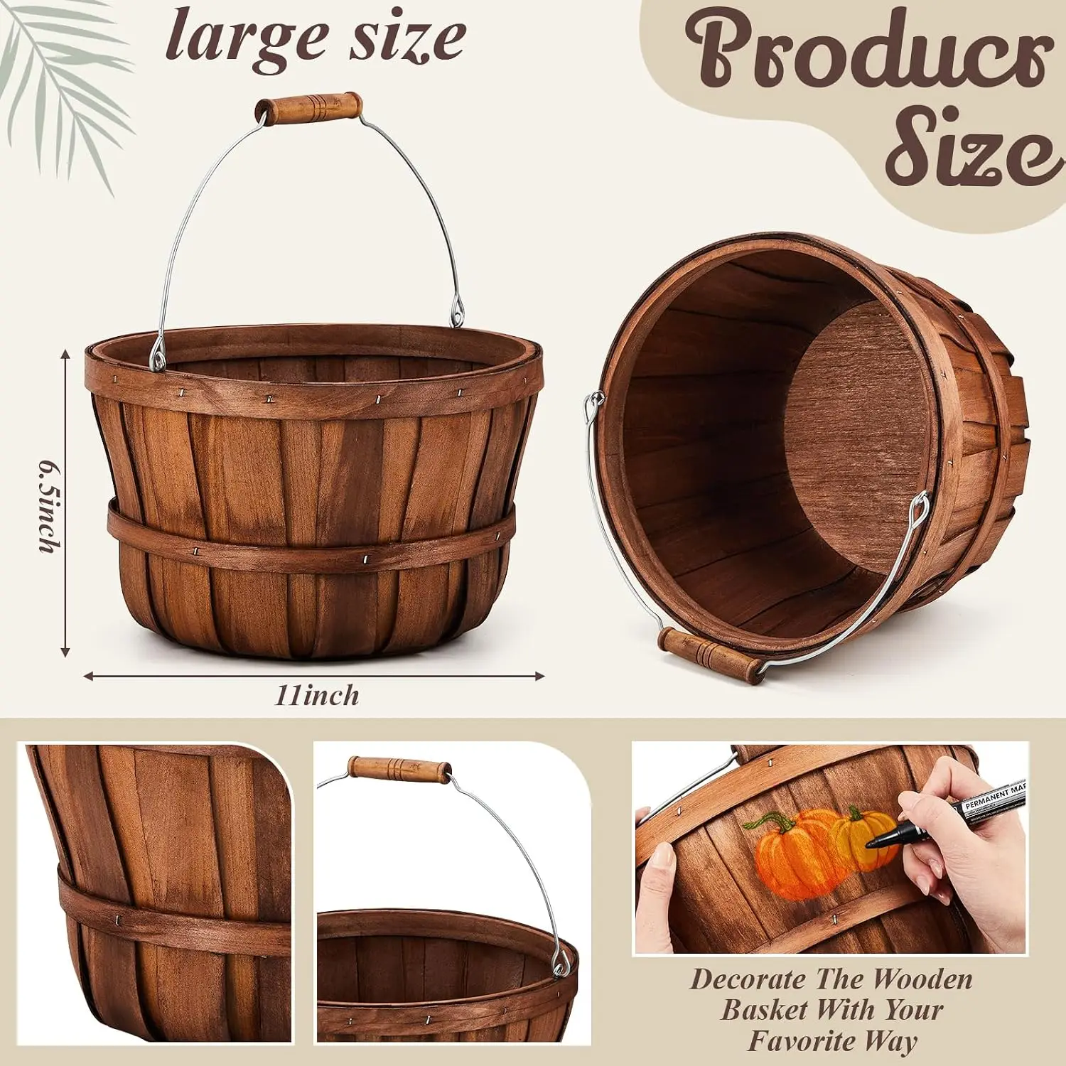 8 Pcs Natural Wooden Fruit Baskets, Fall Thanksgiving Halloween Decoration Basket, Farmhouse Harvest Storage Bin, Portable Handle Apple Storage Organizer Basket, Wood Color