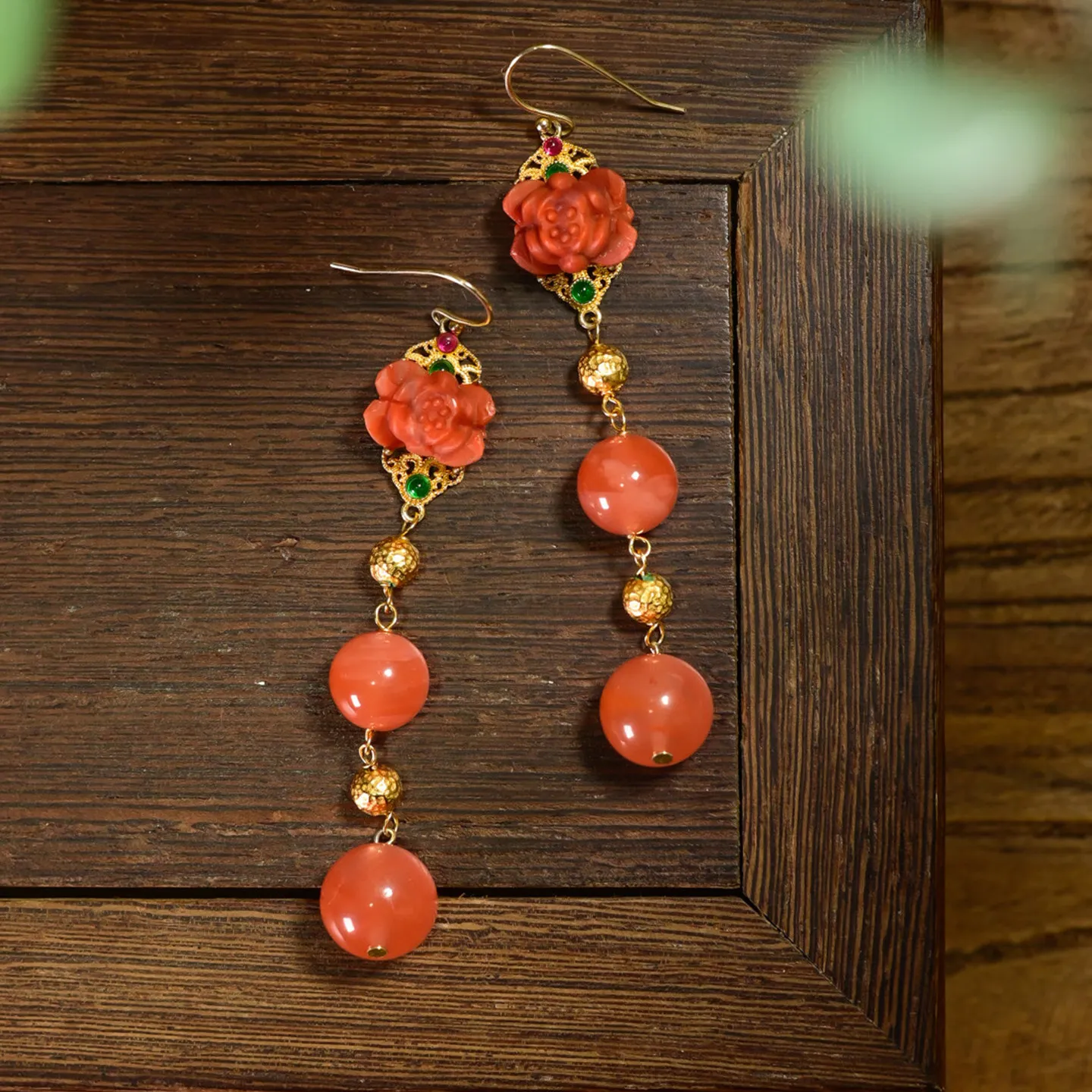 Natural Baoshan Carnelian Drop Earrings with Flower Carving 925 Silver Gold Plated Original Design Chinese Style Jewelry