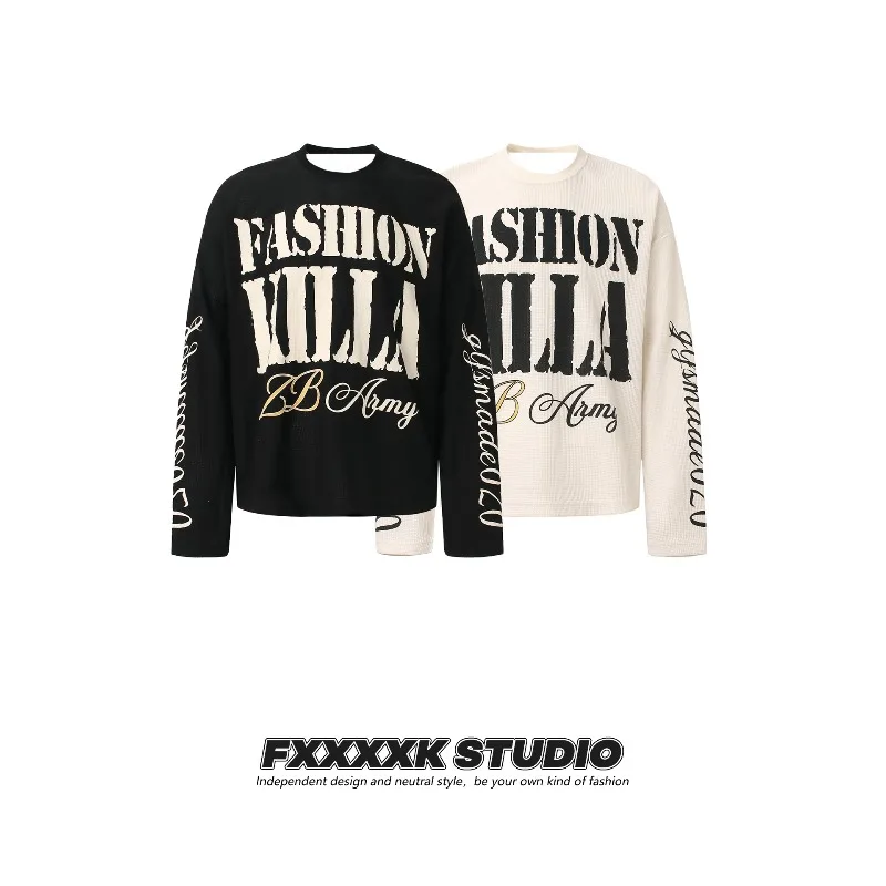 

Fashion Brand American Retro 3D Printed Waffle Long-sleeved T-shirt Men's Autumn and Winter Couple Loose Versatile Tops