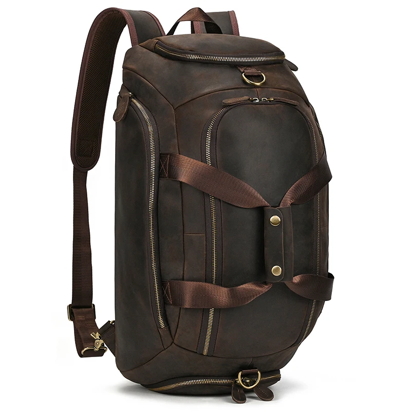 

Men's Genuine Leather Travel Backpack 4 Use Multifunction Travel Duffel Male Laptop Bagpack Large Unique Shoulder Bag Handbag