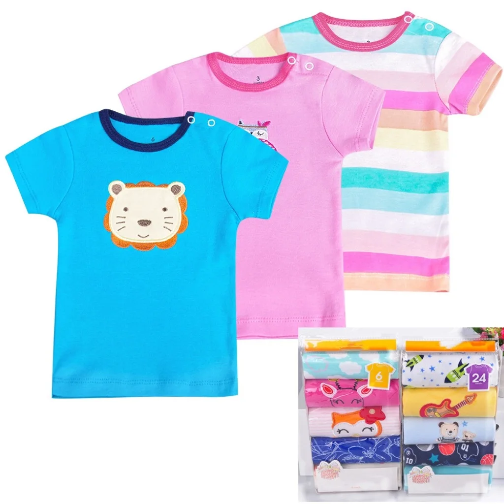 Camiseta de manga curta para o bebê menino e menina, roupas dos desenhos animados recém-nascidos, bonito, varejo, 5 pçs/lote, 0-24months
