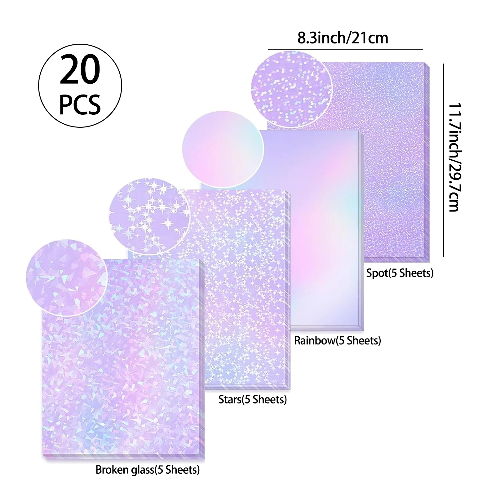 20 Sheets A4 Clear Holographic Cold Lamination Film Mixed Styles Waterproof Self-Adhesive Vinyl Sticker Paper 8.3x11.7 Inch