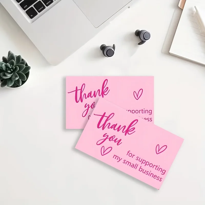 50PCS Modern Design Pink Heart-shaped and Slogan Thank-you Cards, Corporate Thank-you Cards, Thank-you Notes, Stylish Design