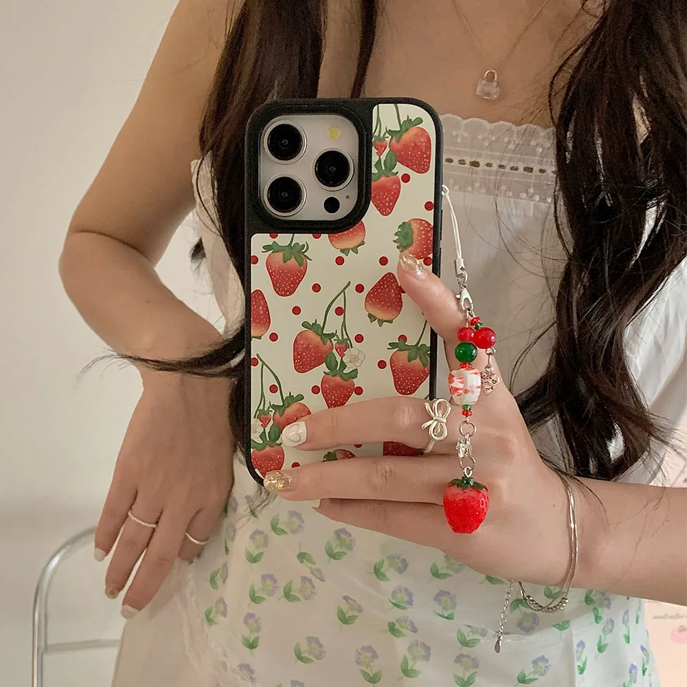 Japan Korea INS Cute Acrylic Wave Point strawberry Fruit Tart Chain Phone Cover Case For iPhone 12 13 14 15 PRO MAX With Pendant