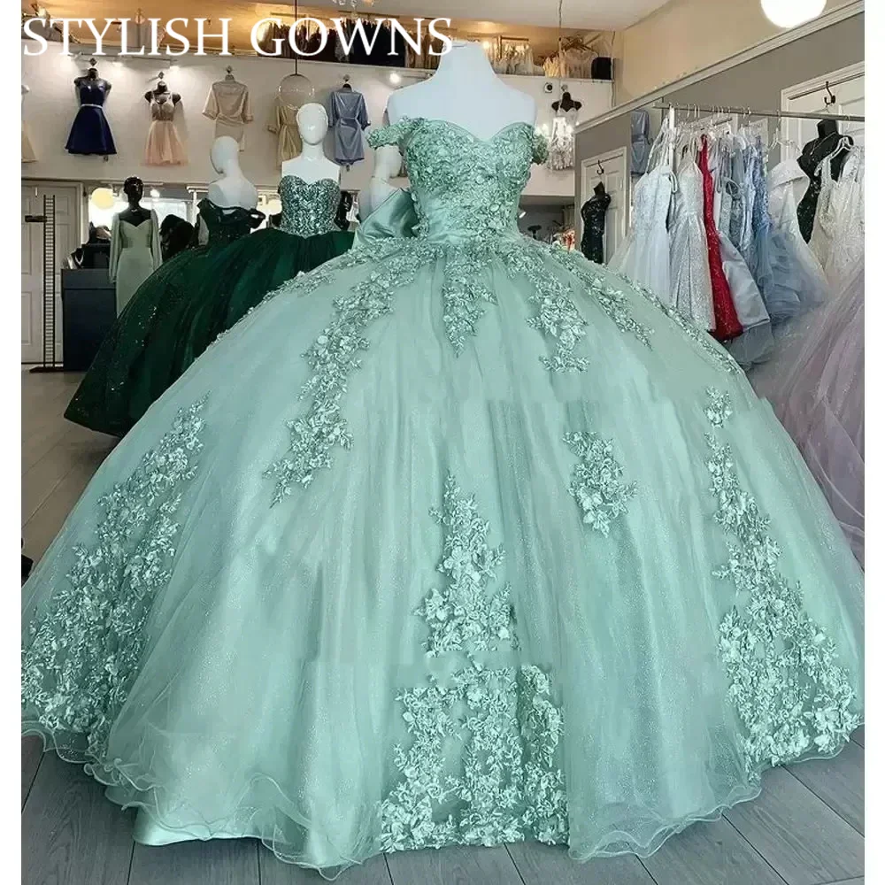 Sage Green Off The Shoulder Quinceanera Dresses customsized Floral Appliques Lace Bow Back Corset For Sweet 15 Girls Party